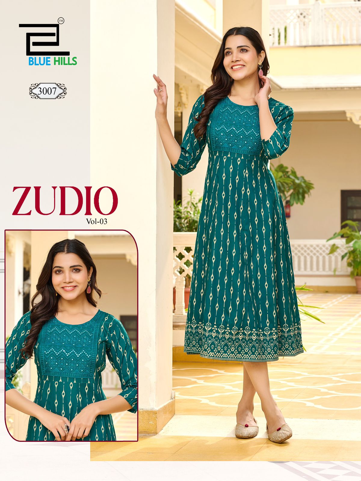 Zudio Vol 3 By Blue Hills Rayon Embroidery Anarkali Kurti Orders In India